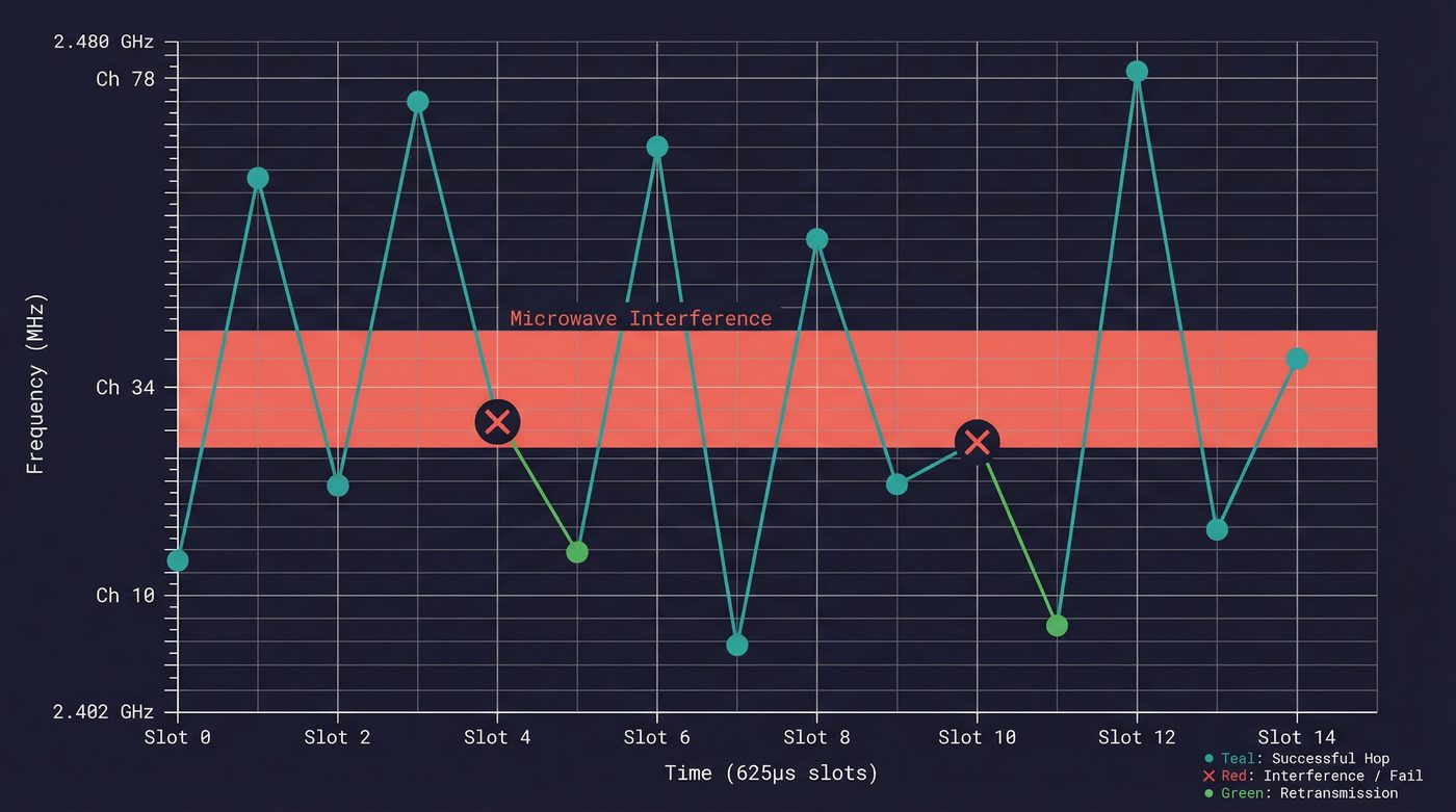 Frequency hopping spread spectrum: Bluetooth hops across 79 channels, skipping interference zones