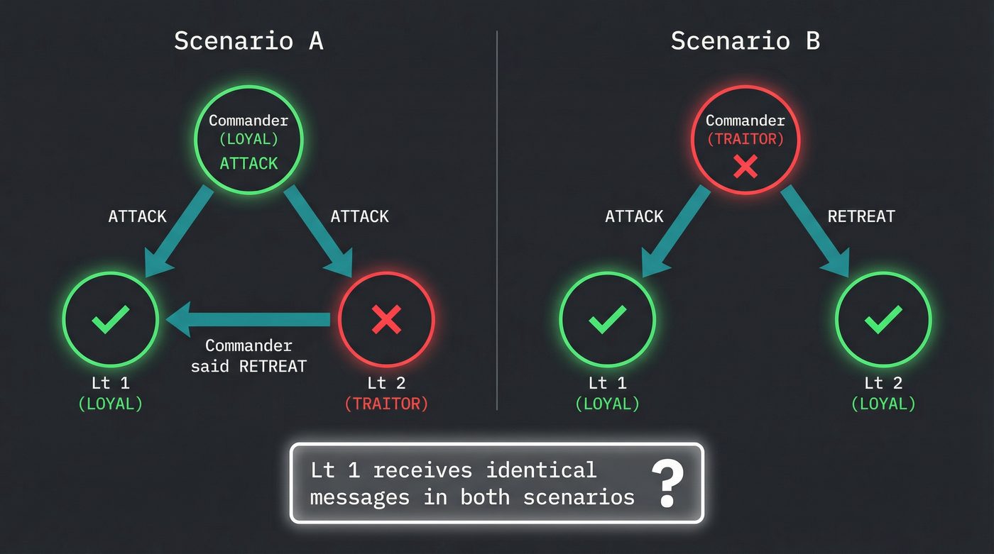 The impossibility proof: Lieutenant 1 receives identical messages in both scenarios and cannot distinguish them