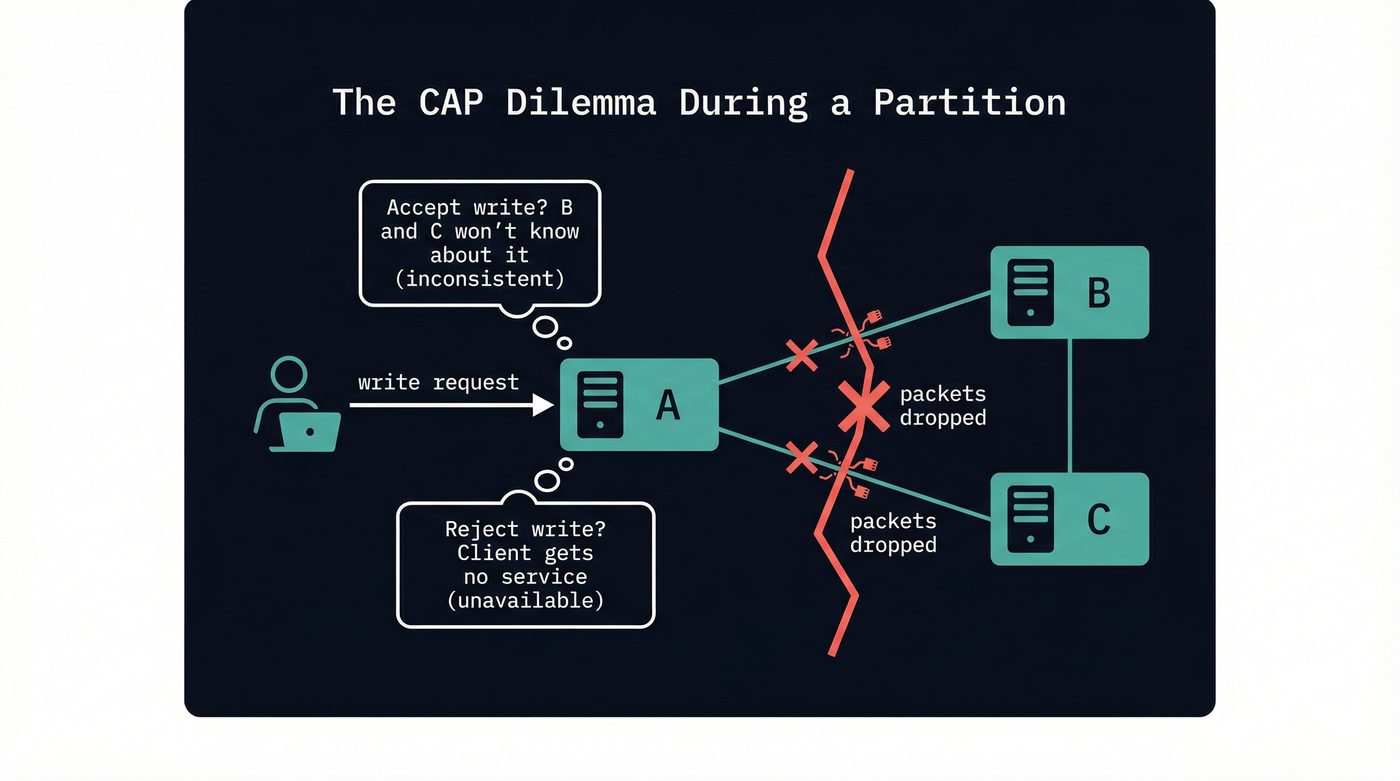 The CAP dilemma during a network partition — node A must choose between accepting an inconsistent write or rejecting a valid request
