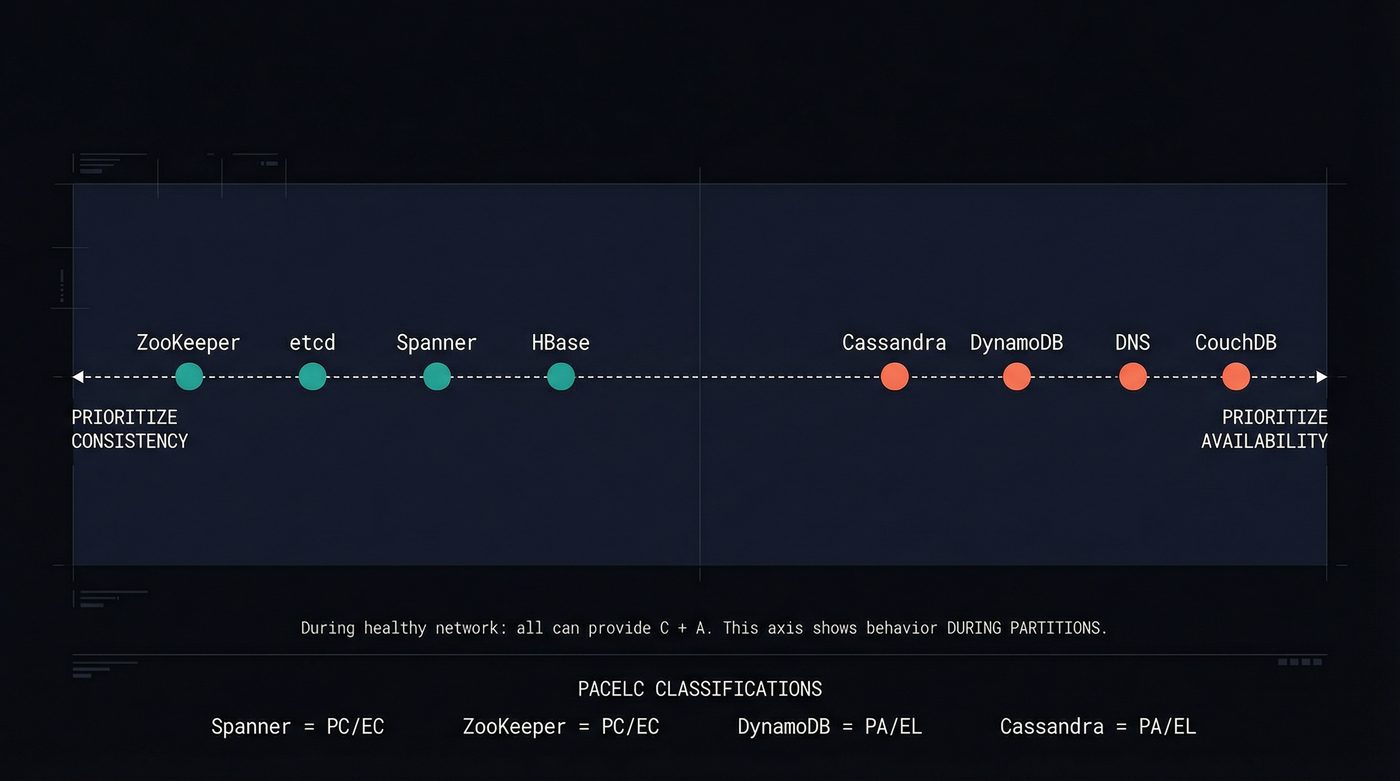 Real-world systems positioned on the CAP consistency-availability spectrum with PACELC classifications