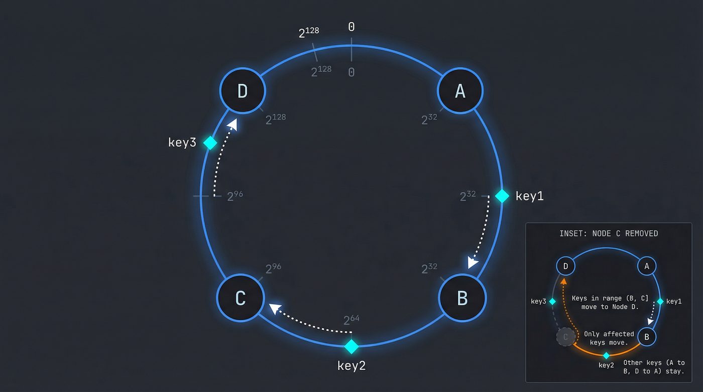 Consistent hash ring with four nodes and three keys, showing minimal data movement when a node is removed