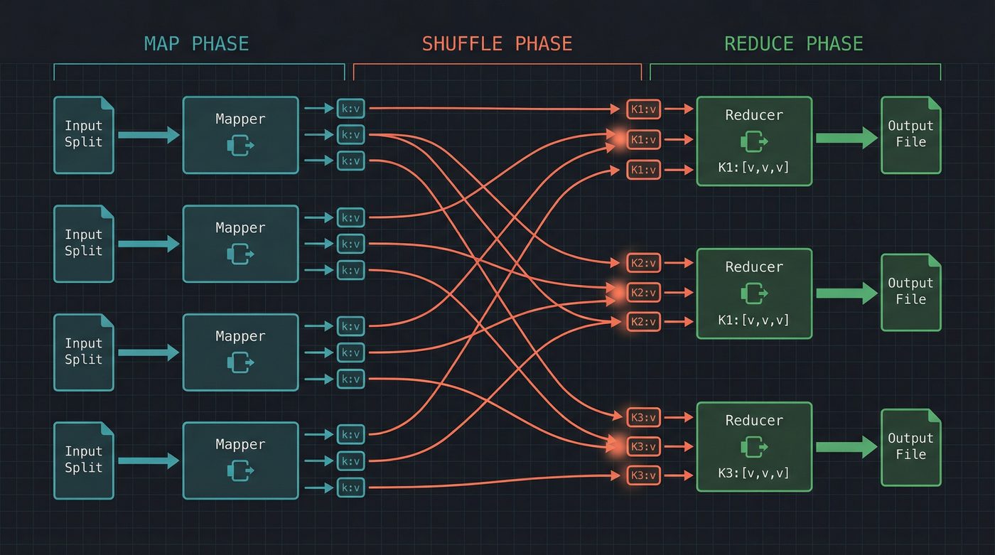MapReduce execution flow: input splits feed parallel mappers, shuffle phase groups key-value pairs across the network, reducers aggregate each key group into output files