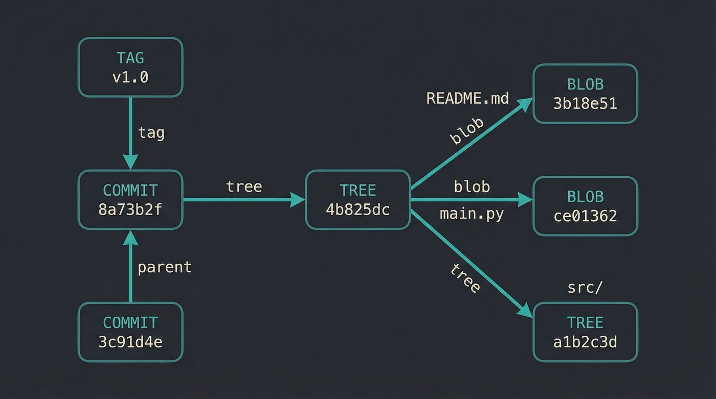 The git object model: blobs, trees, commits, and tags linked by SHA-1 hashes