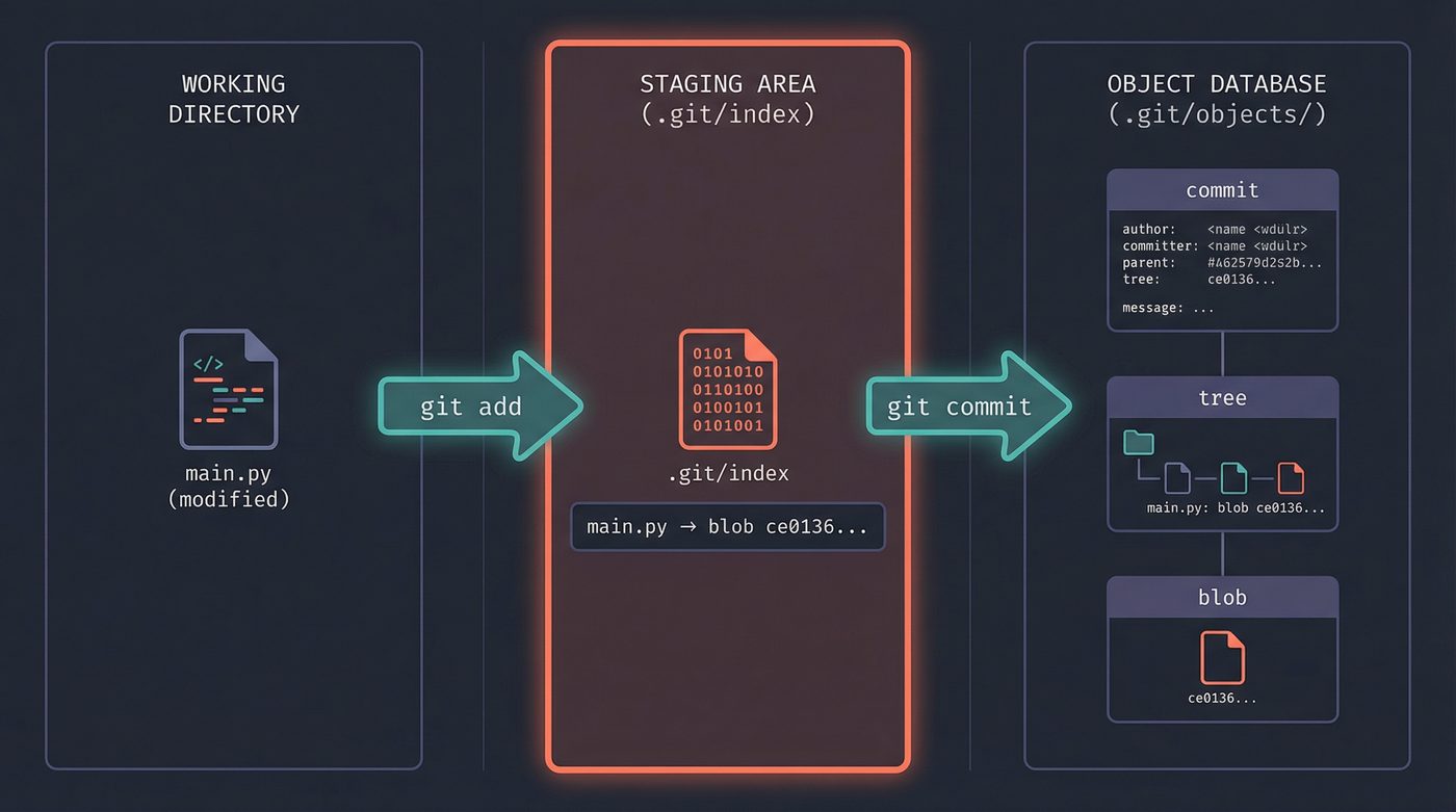 The three areas of git: working directory, staging area, and object database