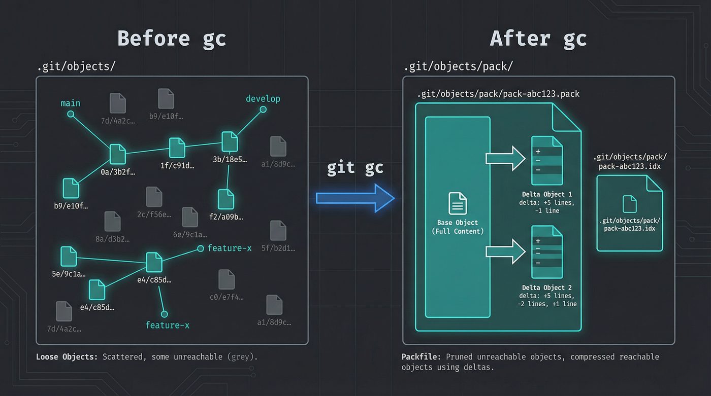 Git gc: loose objects packed and compressed, unreachable objects pruned