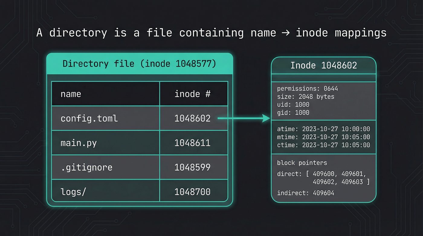 A directory is a file containing name to inode mappings