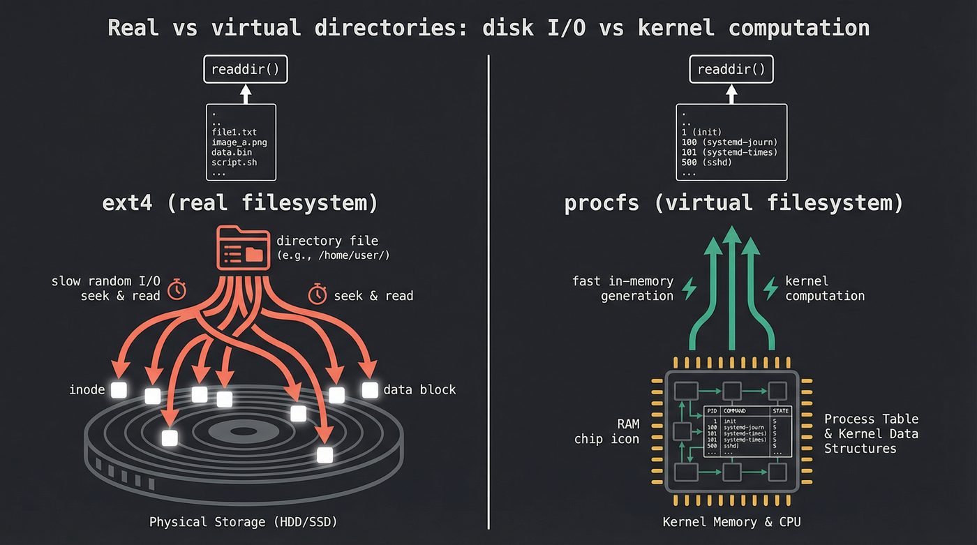 Real vs virtual directories: disk I/O vs kernel computation
