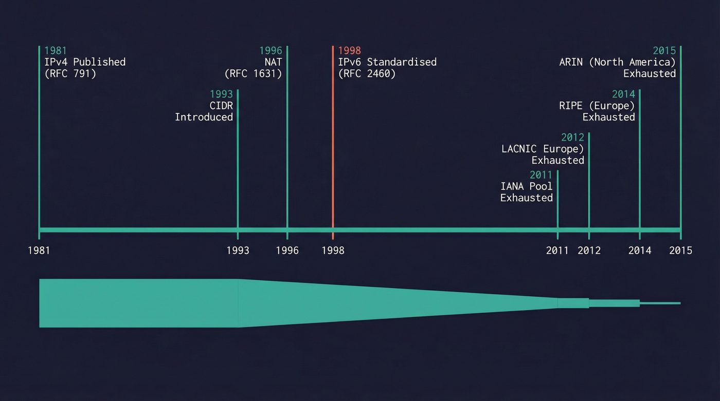 IPv4 address exhaustion timeline from 1981 to 2015, showing the address pool shrinking to zero