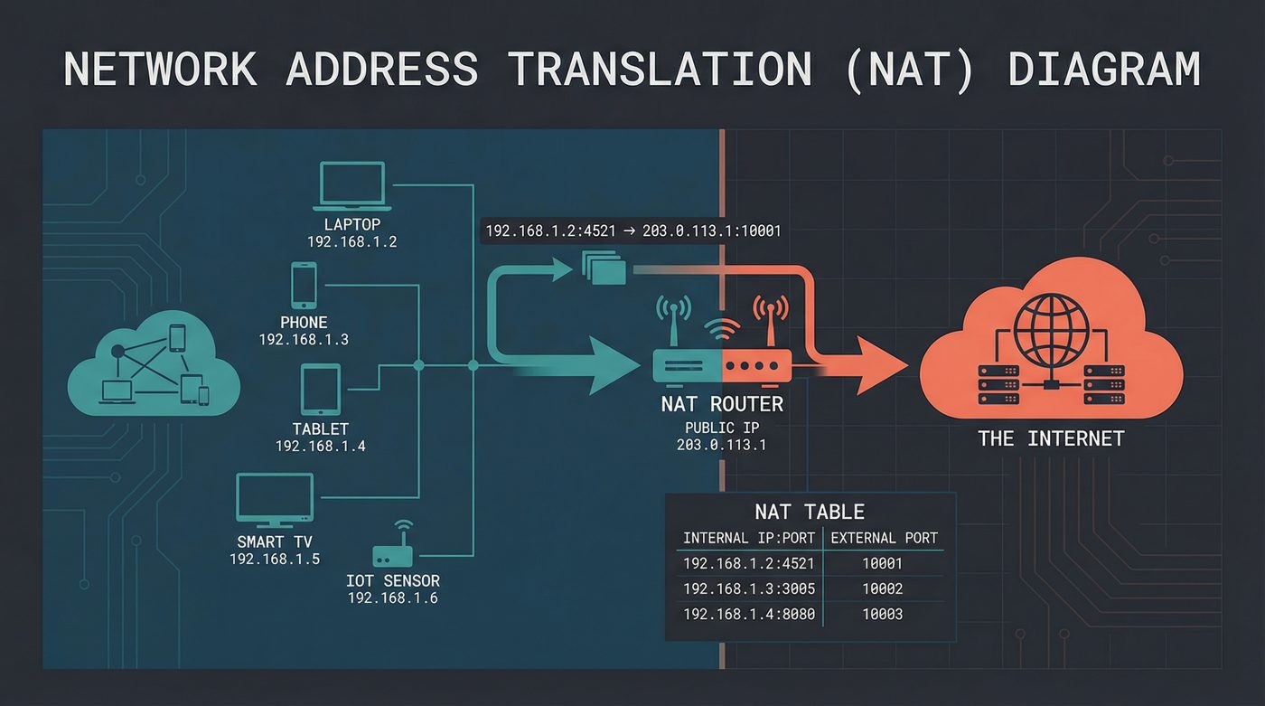 NAT diagram showing private addresses being translated to a single public IP through a router
