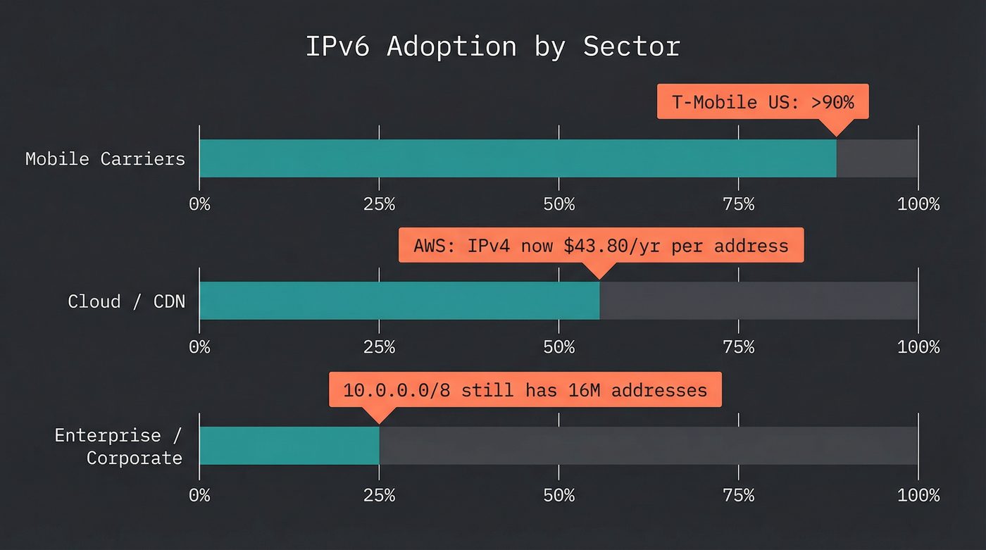 IPv6 adoption by sector: mobile carriers highest, enterprise lowest, with cost annotations