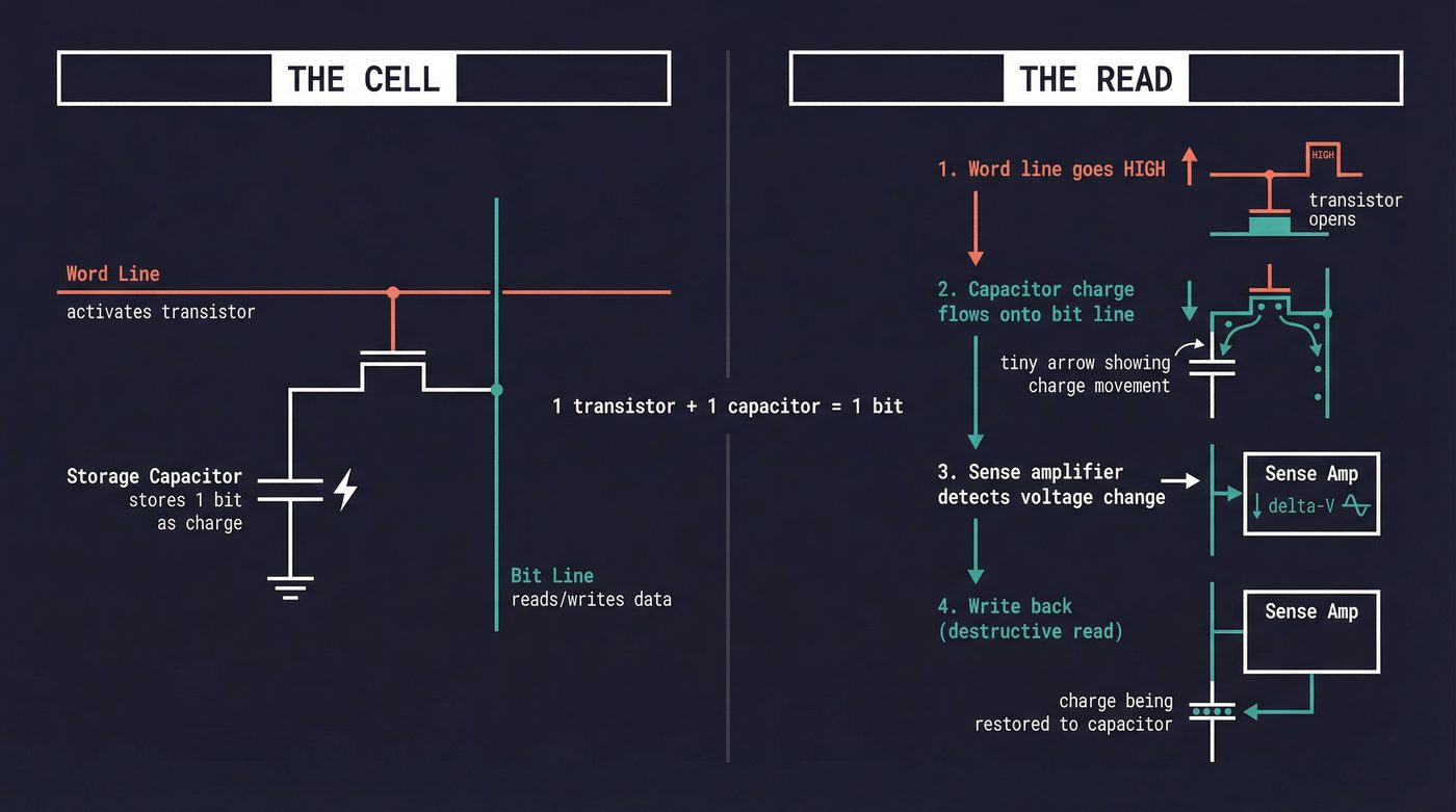 1T1C DRAM cell and the 4-step read cycle — word line activates, charge flows, sense amp detects, write back