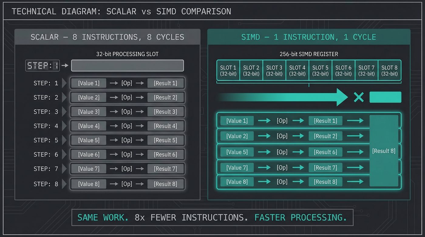 Scalar vs SIMD — 8 instructions vs 1 instruction