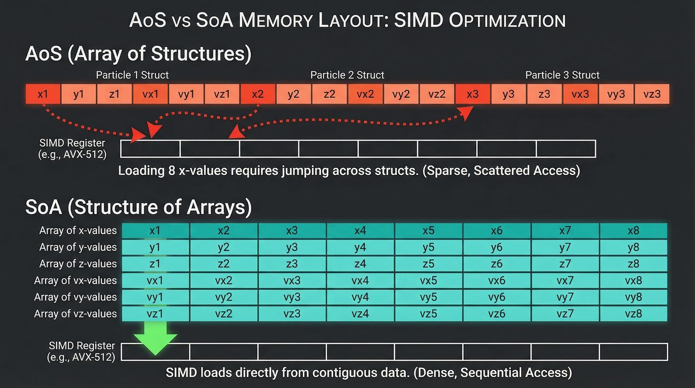 AoS vs SoA — scattered access vs contiguous SIMD loads