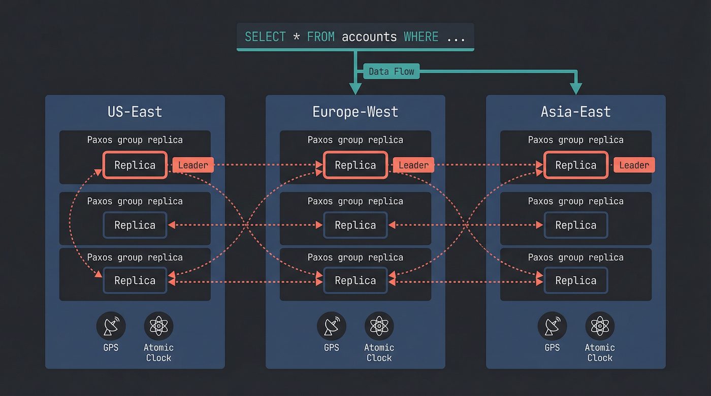 Spanner architecture: Paxos groups across data centres with GPS and atomic clock time masters