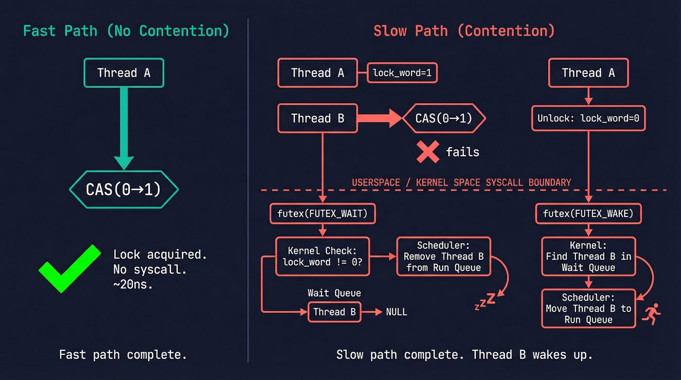 Futex fast path vs slow path — userspace CAS vs kernel wait queue