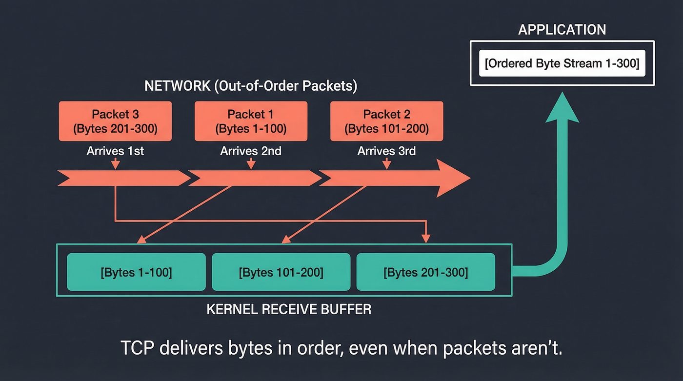 TCP byte stream reordering — packets arrive out of order, bytes don't