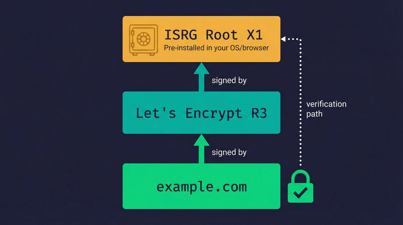 Certificate chain of trust: Root CA to Intermediate CA to leaf certificate with verification path