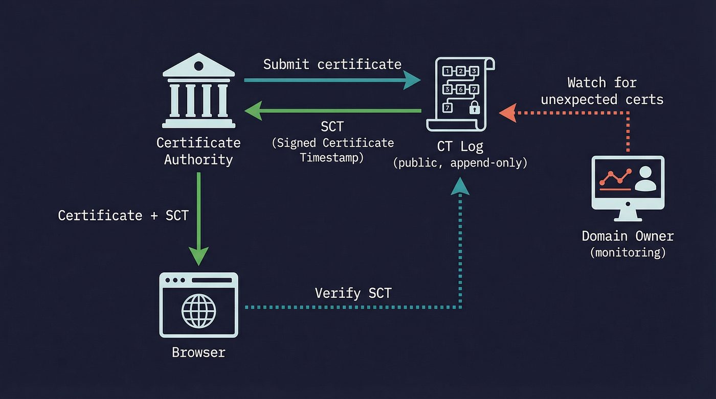 Certificate Transparency flow: CA submits to CT Log, receives SCT, browser verifies, domain owner monitors