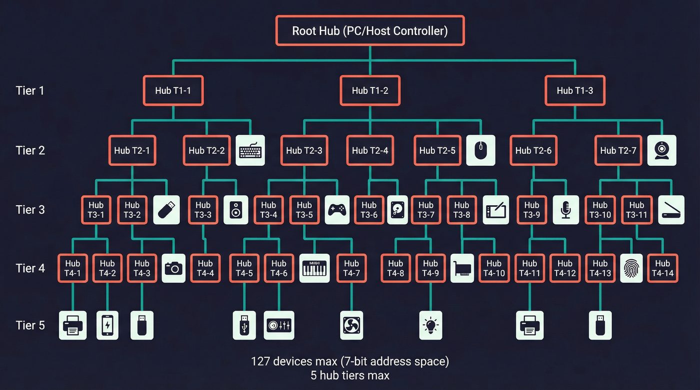 USB tiered star topology — root hub to 5 tiers, 127 devices