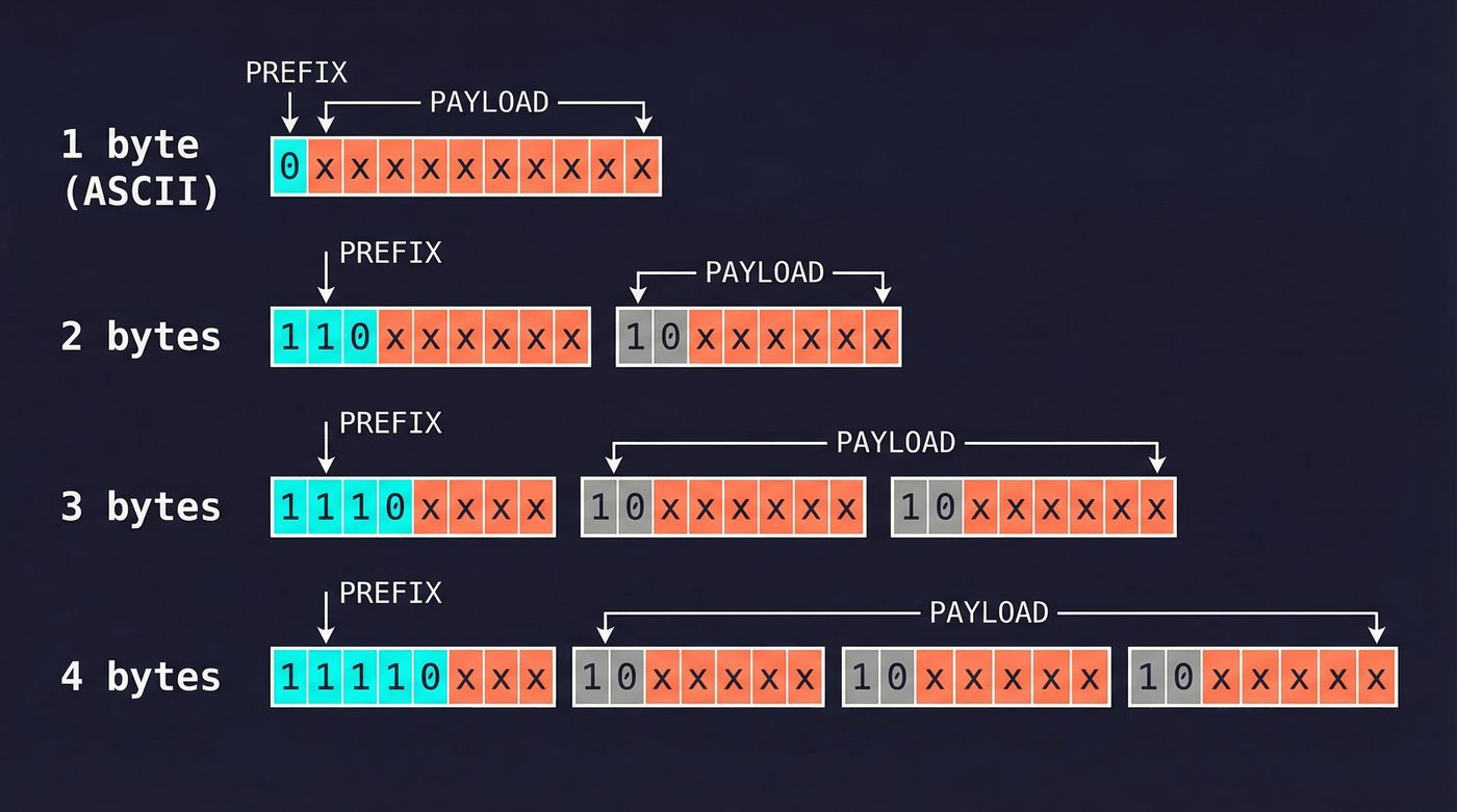 UTF-8 prefix structure — teal bits are the signal, coral bits are the payload