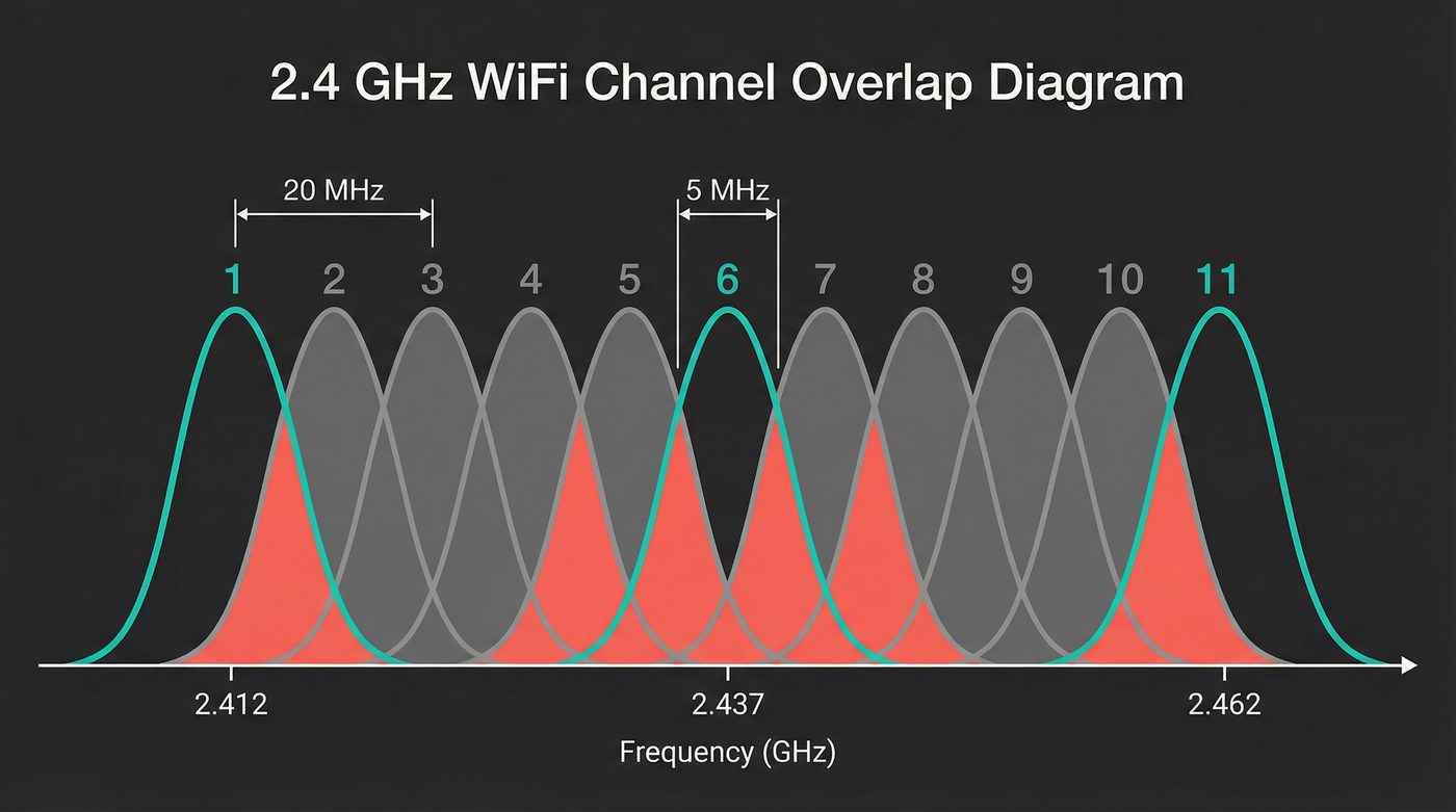 2.4 GHz WiFi channel overlap: only channels 1, 6, and 11 are non-overlapping